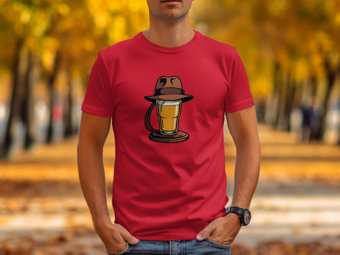 Unique Red Tee Featuring Hat and Beer Mug Graphic product