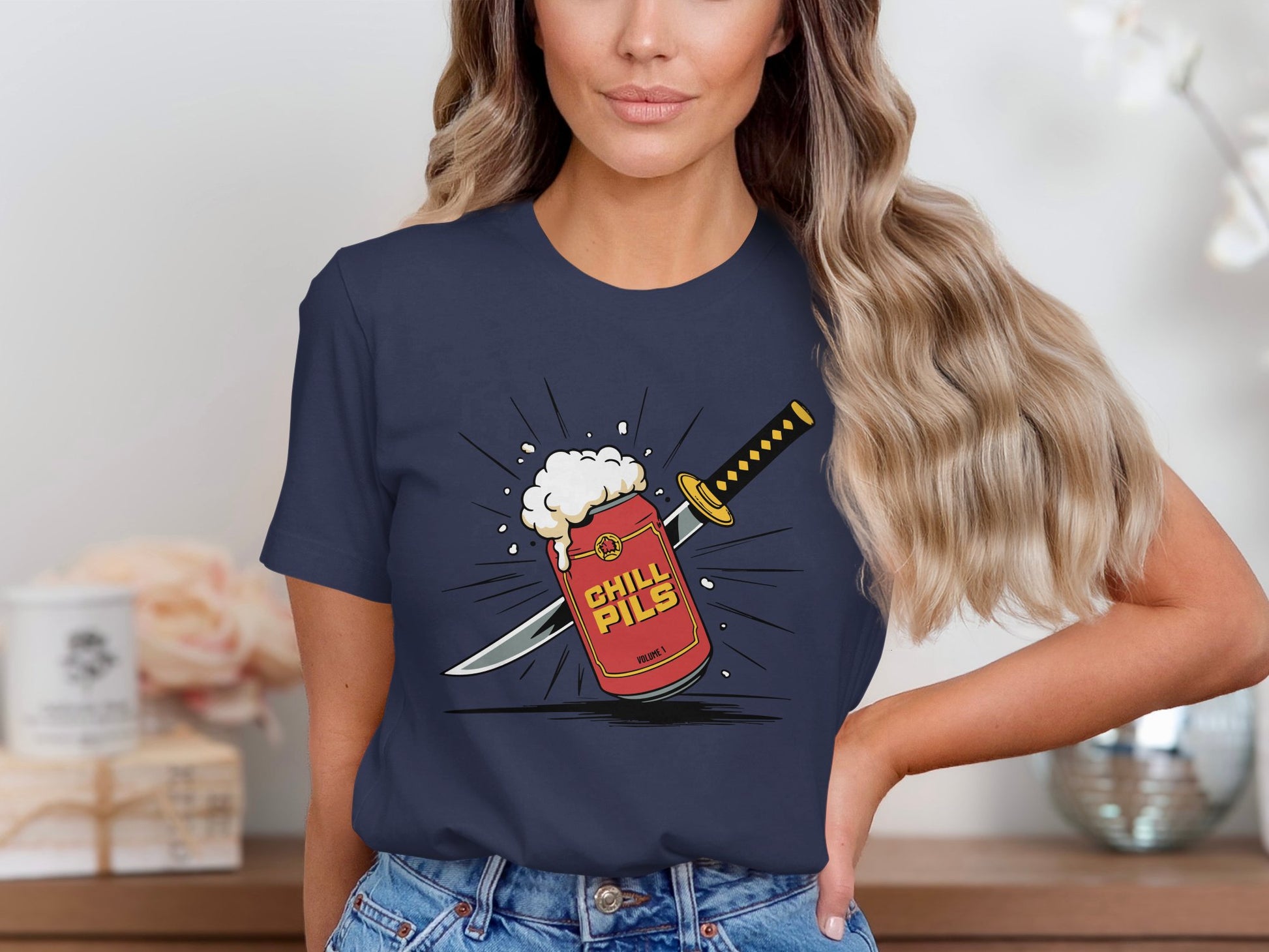 Graphic T-shirt featuring Chill Pils can with knife product type