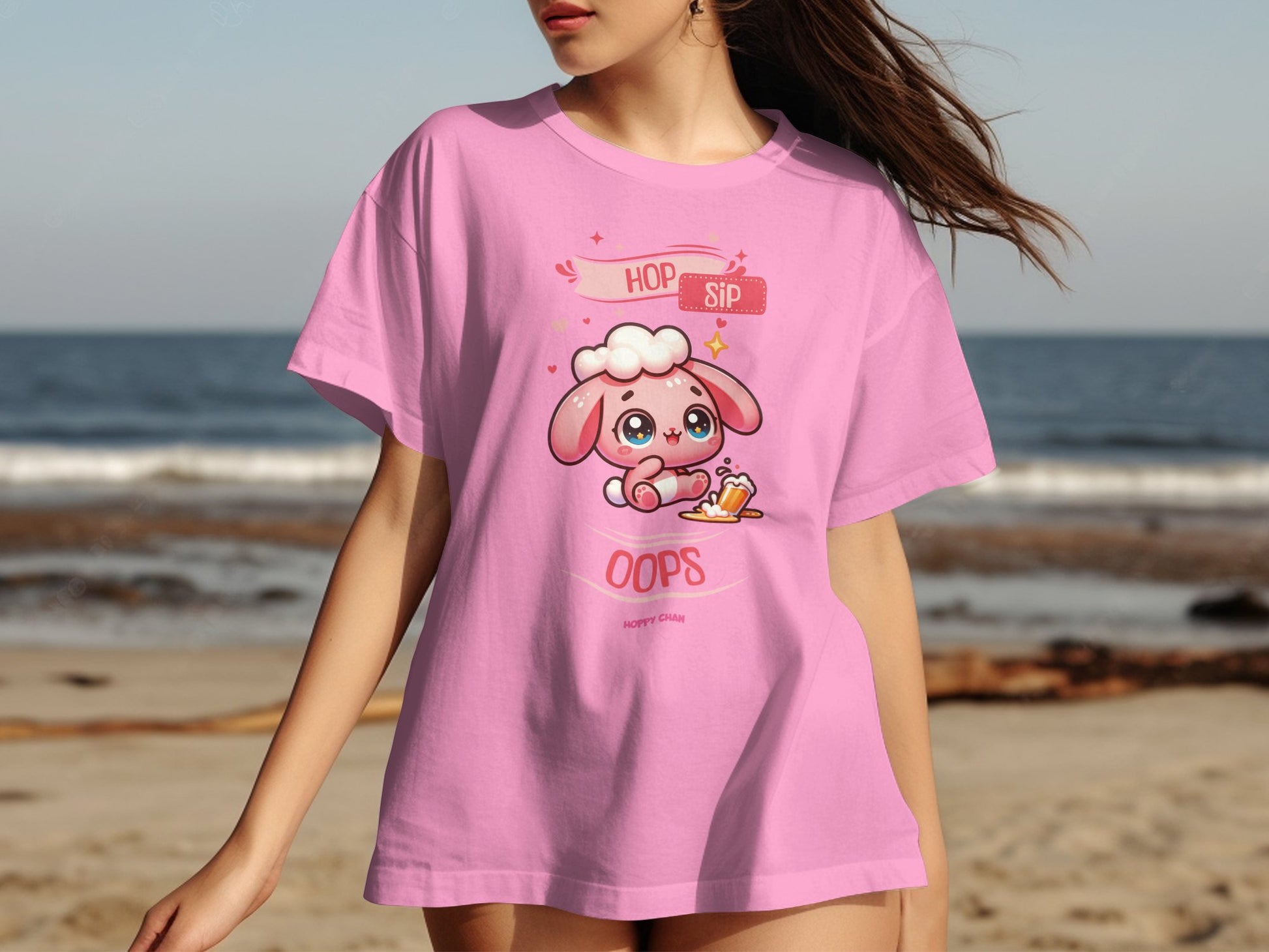 Cute Cartoon Bunny Hop Sip Oops Oversized Shirt product